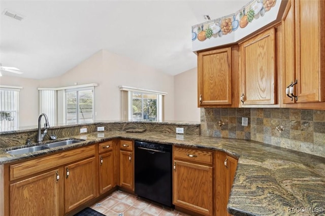 kitchen featuring dark stone countertops, sink, kitchen peninsula, and dishwasher