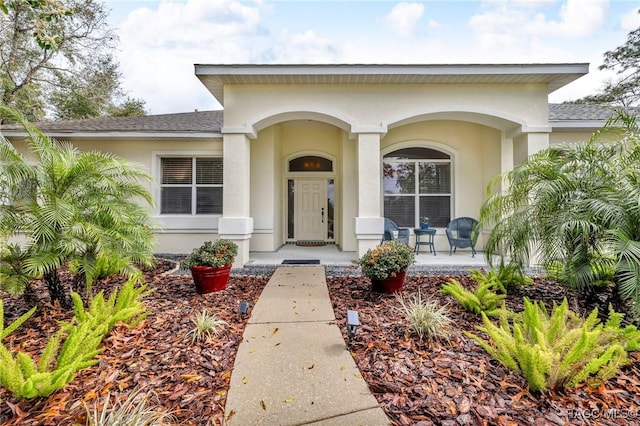 entrance to property featuring a porch, a shingled roof, and stucco siding