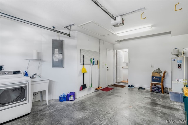 garage with water heater, washer / clothes dryer, a garage door opener, and electric panel