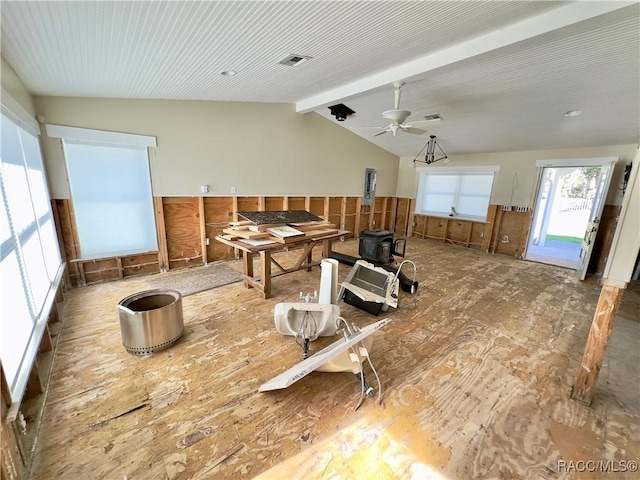 interior space featuring lofted ceiling with beams