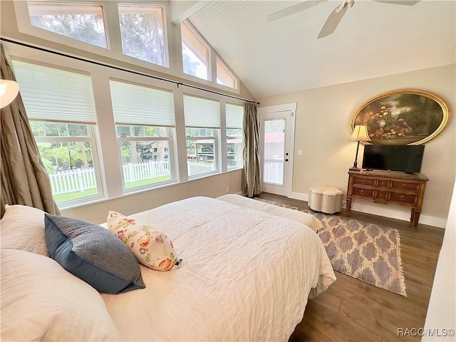 bedroom featuring high vaulted ceiling, dark hardwood / wood-style flooring, beamed ceiling, ceiling fan, and access to exterior