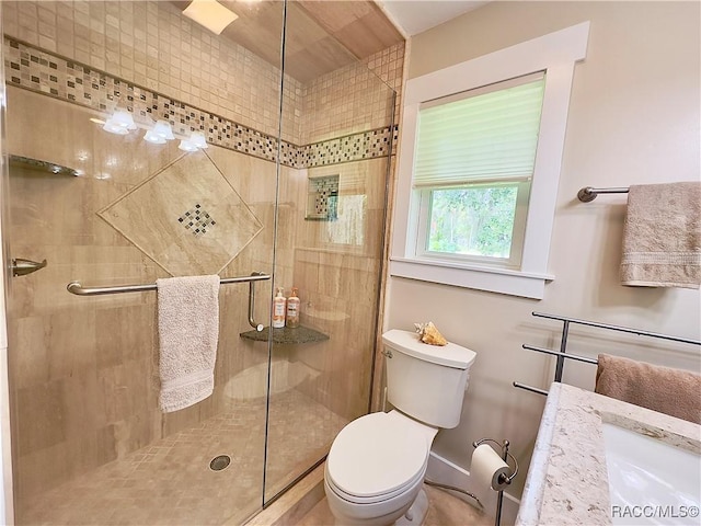 bathroom featuring vanity, an enclosed shower, and toilet