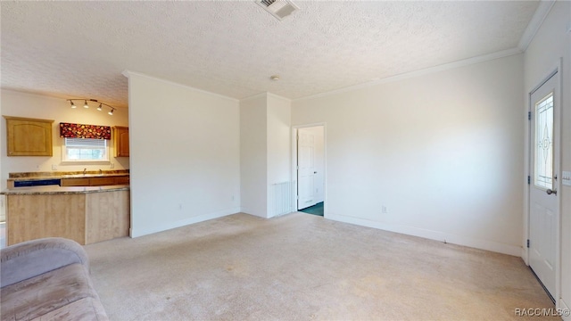 unfurnished living room with light carpet, a textured ceiling, visible vents, and a sink