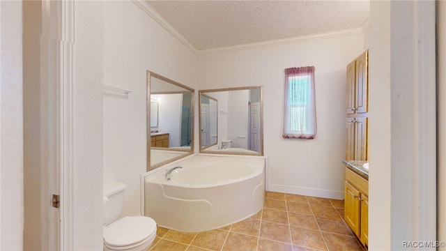bathroom featuring a textured ceiling, toilet, vanity, and ornamental molding