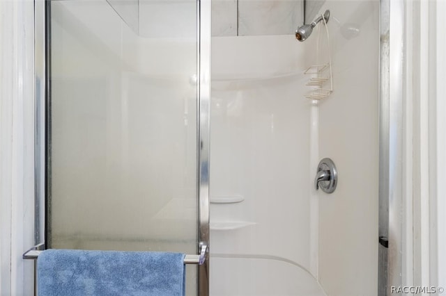 bathroom featuring a shower with door