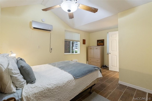 bedroom featuring ceiling fan, an AC wall unit, and lofted ceiling with beams