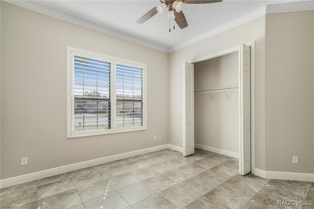 unfurnished bedroom featuring ceiling fan, ornamental molding, and a closet