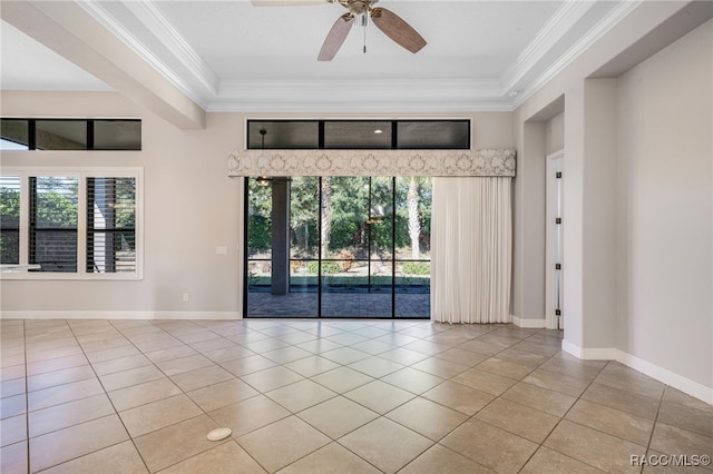 unfurnished room with ceiling fan, crown molding, and light tile patterned flooring