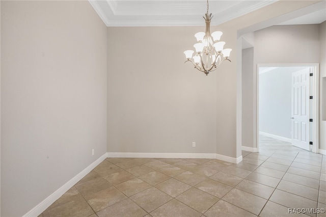 tiled spare room with a notable chandelier and crown molding