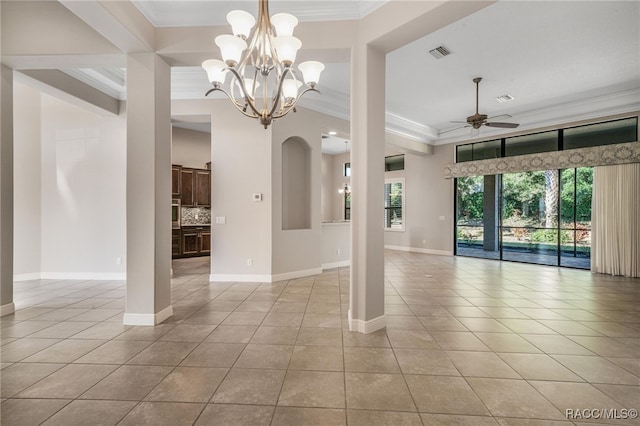 tiled empty room featuring ornamental molding and ceiling fan with notable chandelier