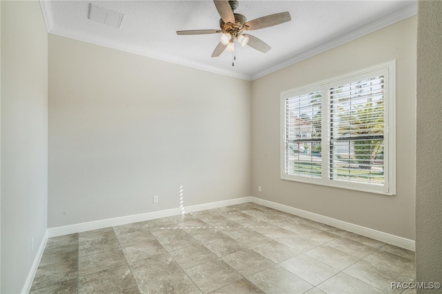 unfurnished room featuring a textured ceiling, ceiling fan, and crown molding