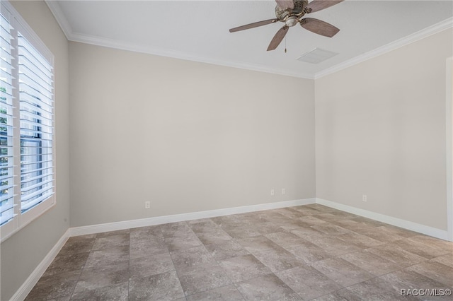 empty room featuring ornamental molding and ceiling fan