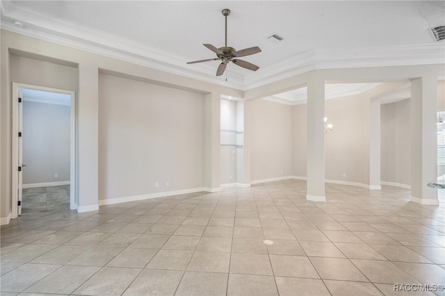 spare room featuring ceiling fan with notable chandelier, light tile patterned floors, and crown molding