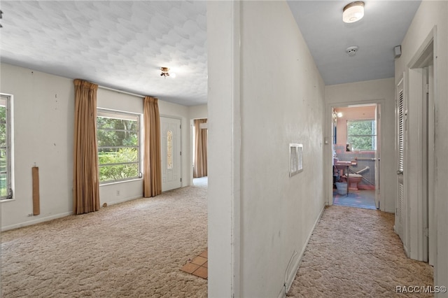 hallway with light colored carpet