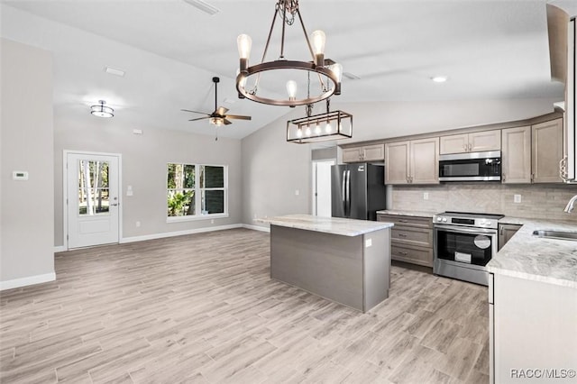 kitchen featuring light wood finished floors, decorative backsplash, a kitchen island, appliances with stainless steel finishes, and a sink