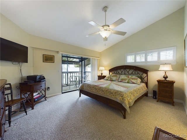 bedroom featuring access to exterior, carpet floors, ceiling fan, and lofted ceiling