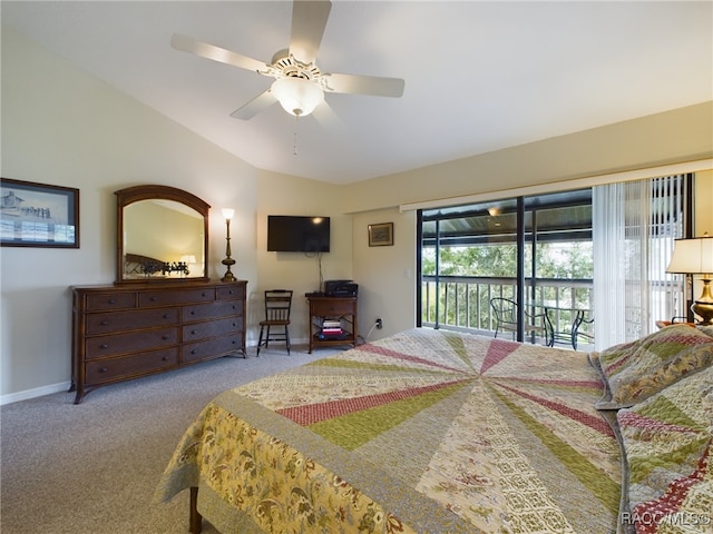 carpeted bedroom featuring ceiling fan, access to exterior, and lofted ceiling