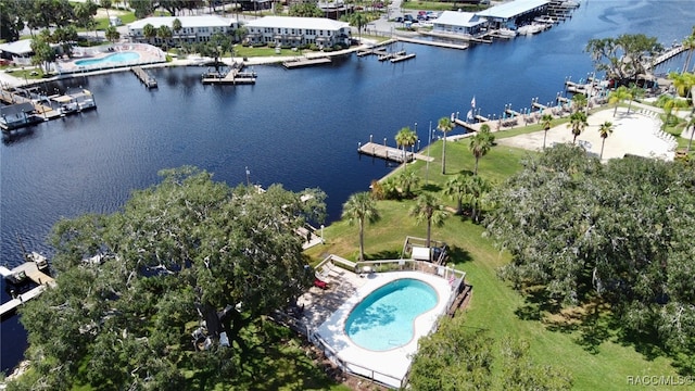 bird's eye view with a water view