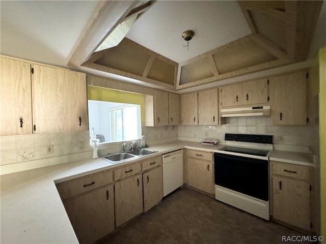 kitchen with light brown cabinetry, white appliances, tasteful backsplash, and sink