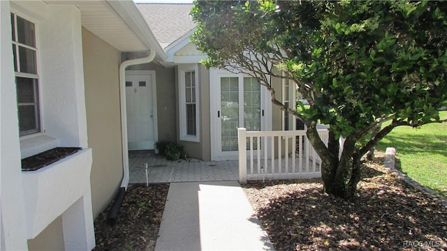doorway to property featuring a shingled roof and stucco siding