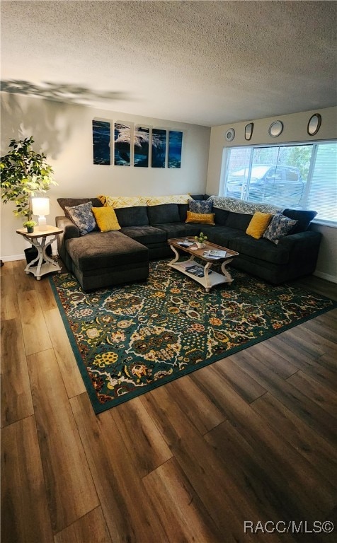 living room featuring a textured ceiling and hardwood / wood-style flooring