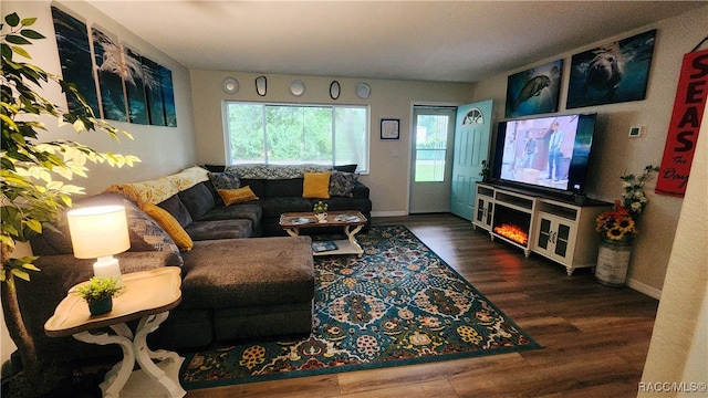 living room with dark wood-type flooring