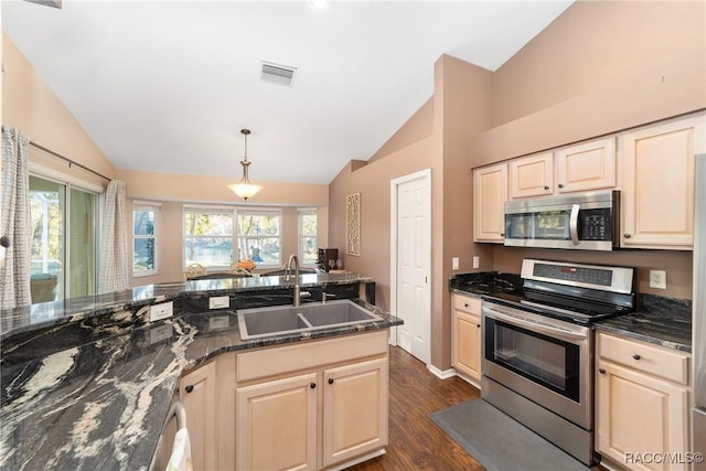 kitchen featuring lofted ceiling, hanging light fixtures, sink, dark hardwood / wood-style floors, and appliances with stainless steel finishes