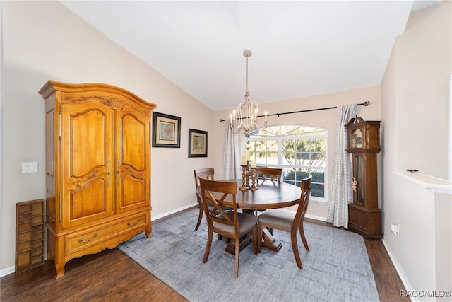 dining area featuring hardwood / wood-style floors, lofted ceiling, and a notable chandelier