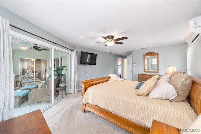 bedroom featuring ceiling fan, light colored carpet, a wall unit AC, and access to outside