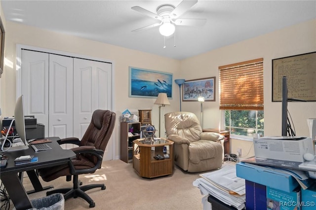 office area with carpet and ceiling fan