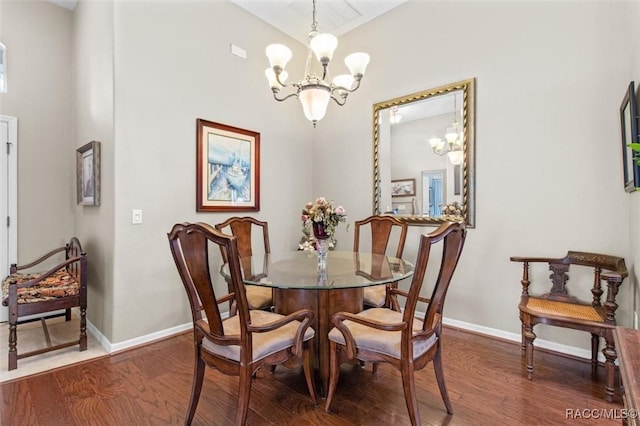 dining area with an inviting chandelier and dark hardwood / wood-style floors