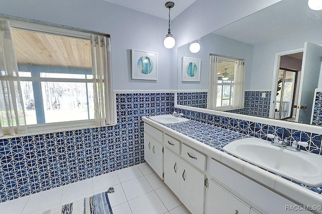 bathroom featuring vanity, tile patterned flooring, and tile walls