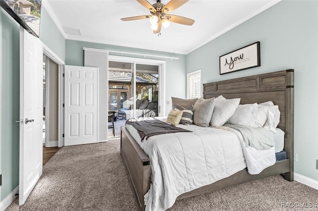 bedroom with access to exterior, carpet flooring, and ceiling fan