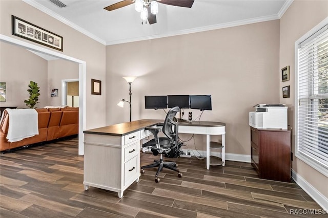 office area featuring ceiling fan, dark hardwood / wood-style flooring, and ornamental molding