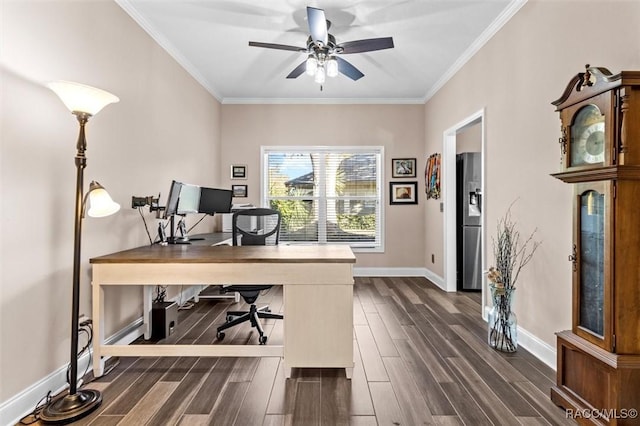 office with dark hardwood / wood-style floors, ceiling fan, and ornamental molding