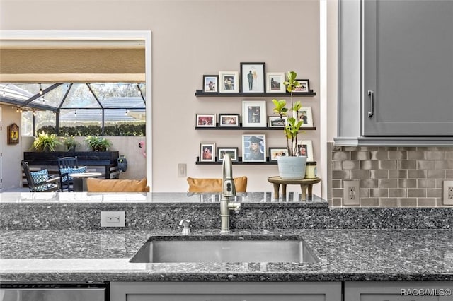 room details featuring backsplash, dark stone countertops, dishwasher, and sink