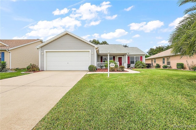 single story home with a garage, covered porch, and a front yard