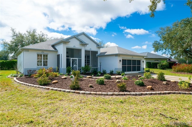 single story home featuring a front lawn and stucco siding