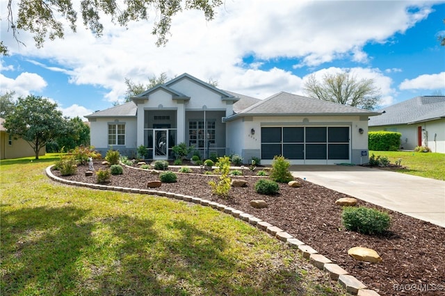 ranch-style home featuring a front yard, concrete driveway, an attached garage, and stucco siding