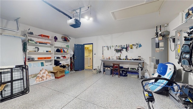 garage featuring water heater and a garage door opener