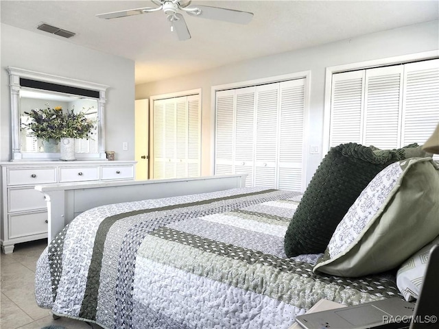 3526 N Tamarisk Ave, Beverly Hills, FL 34465 - bedroom with multiple closets, light tile patterned floors, and a ceiling fan