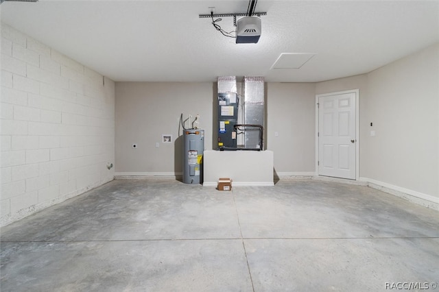 garage with electric water heater, heating unit, and a garage door opener