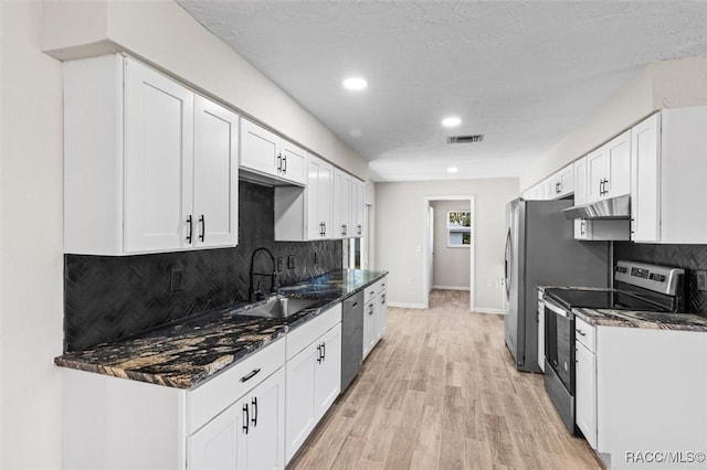 kitchen with dark stone countertops, sink, white cabinets, and stainless steel appliances