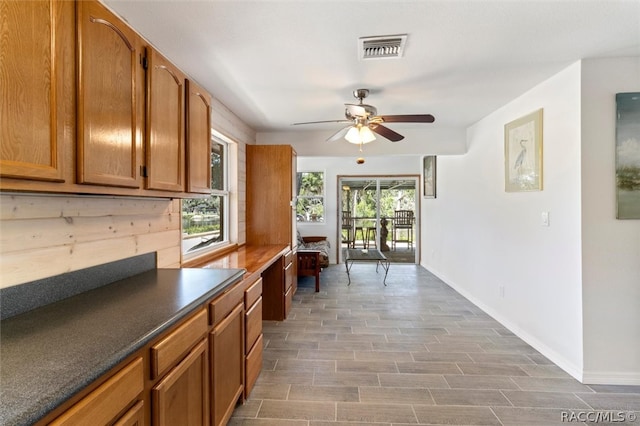 kitchen featuring ceiling fan, a healthy amount of sunlight, and dark hardwood / wood-style flooring