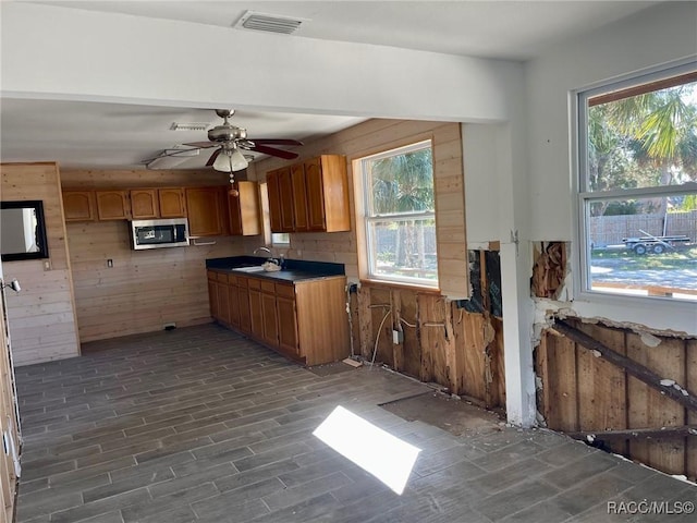 kitchen featuring sink, a wealth of natural light, and wood walls