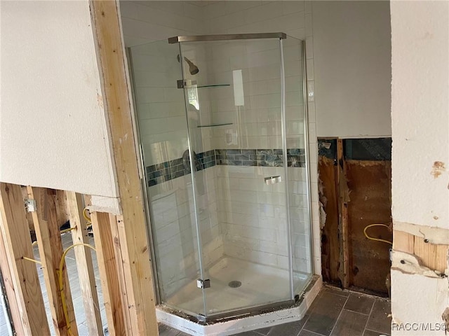 bathroom featuring a shower with shower door