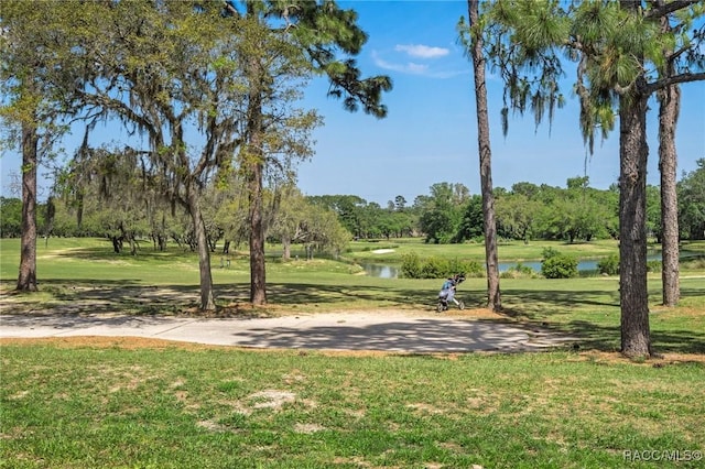 surrounding community featuring a water view and a lawn