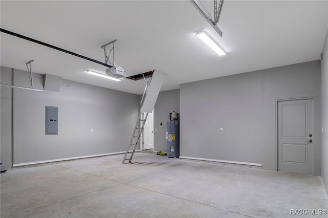 garage with a garage door opener, electric panel, and water heater