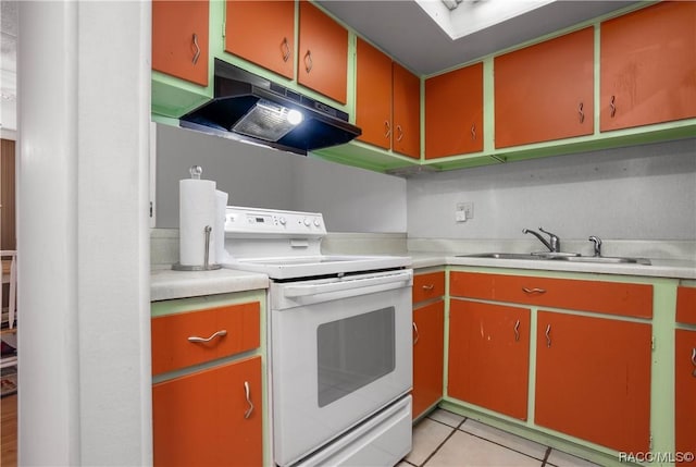 2400 Forest Dr Unit 103, Inverness, FL 34453 - kitchen featuring white electric stove, under cabinet range hood, light countertops, light tile patterned flooring, and a sink