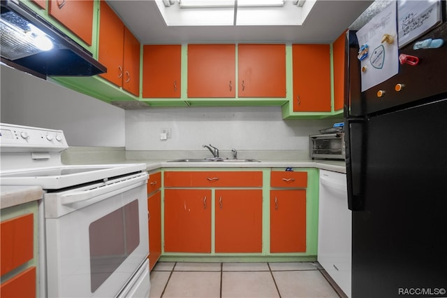 kitchen featuring light tile patterned flooring, white appliances, sink, and exhaust hood